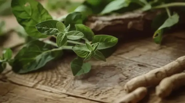 Zielone liście i korzenie, być może ashwagandha, na drewnianym tle. Mogą wspierać tarczycę.