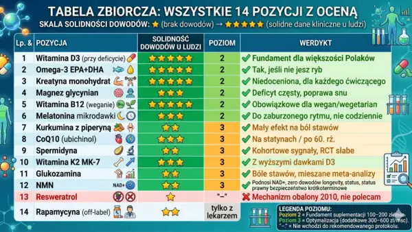 Tabela ocenia 14 pozycji suplementów, od witaminy D3 po rapamycynę, wskazując na solidność dowodów i poziom rekomendacji. Resweratrol nie jest polecany, bo mechanizm jego działania obalono.
