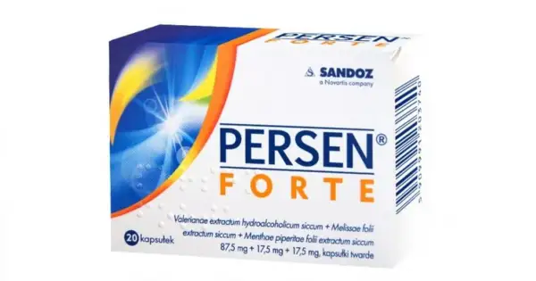 Opakowanie leku Persen Forte, zawierające 20 kapsułek. Informacje o składzie i dawkowaniu.