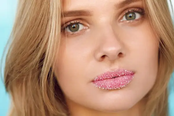 Domowy peeling do ust z cukru nałożony na pełne, różowe usta młodej kobiety.