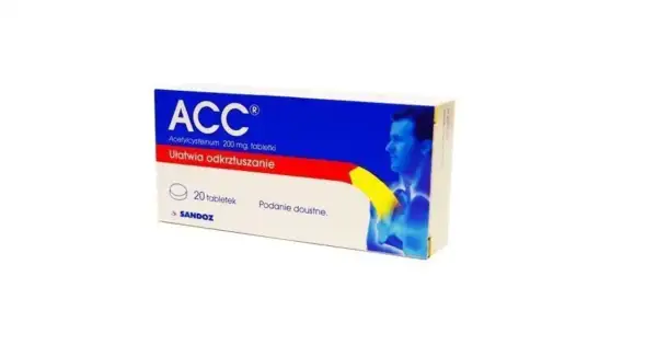 Opakowanie leku ACC z acetylocysteiną 200 mg. tabletki, co to jest? Ułatwia odkrzuszanie. 20 tabletek. Sandoz.