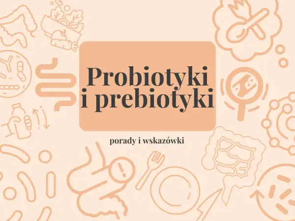 Probiotyki i prebiotyki: klucz do zdrowego jelita. Grafika przedstawia jelita, bakterie, warzywa i sztućce.